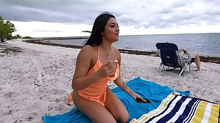 Busty Latina Teen Gets Caught Having Sneaky Public Sex with Stepbrother on Beach